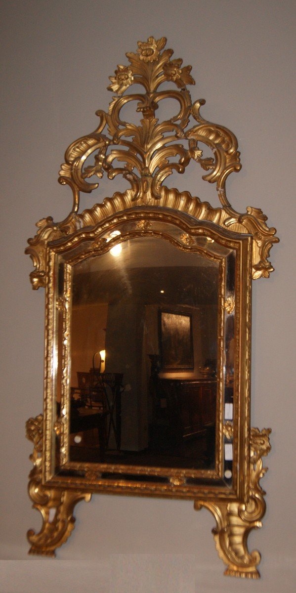 Spectaculaire Miroir Italien Des Années 1700 Feuille d'Or Doré Louis XV