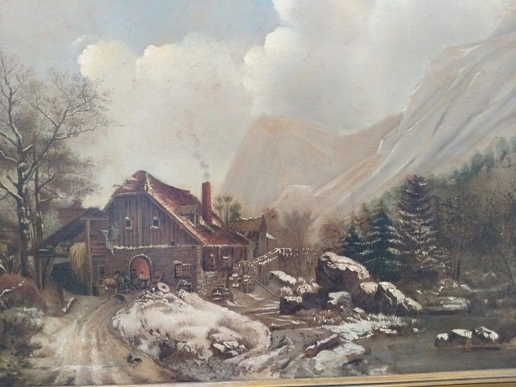 Huile Sur Panneau Paysage Enneigé Avec Moulin à Eau Hollandais Des Années 1800-photo-2