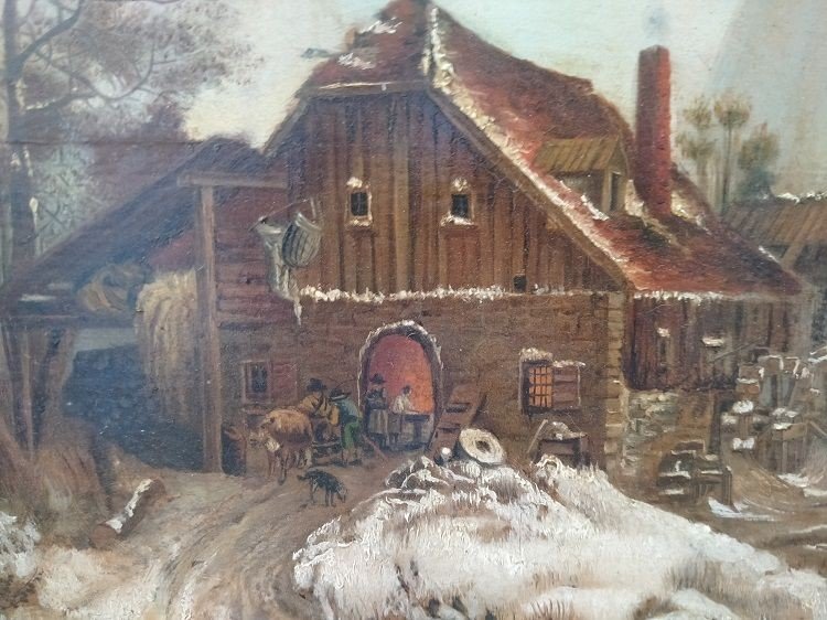 Huile Sur Panneau Paysage Enneigé Avec Moulin à Eau Hollandais Des Années 1800-photo-3