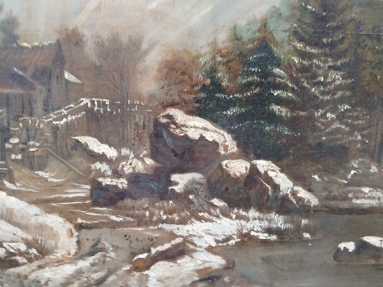 Huile Sur Panneau Paysage Enneigé Avec Moulin à Eau Hollandais Des Années 1800-photo-4