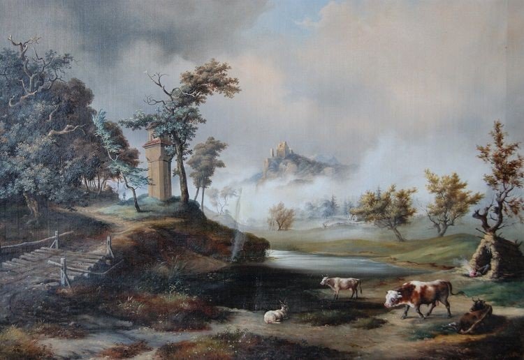 Huile Sur Toile Signée Représentant Paysage, Berger Et Troupeau Anglais Des Années 1817-photo-2
