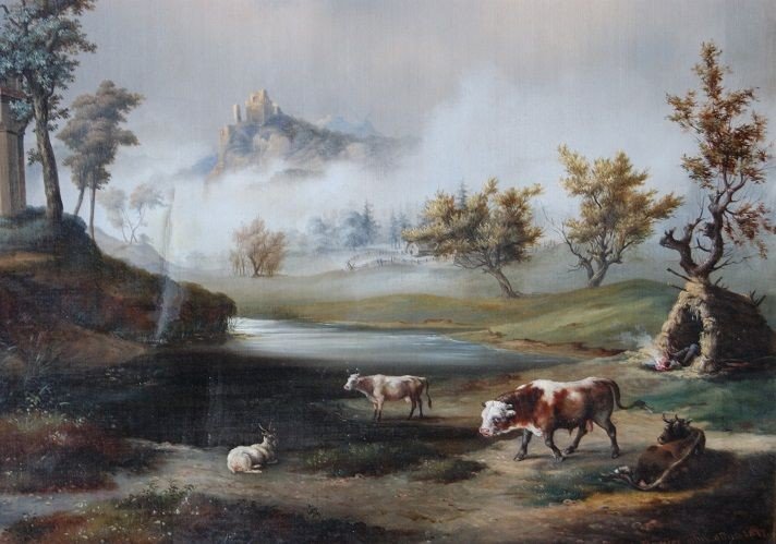 Huile Sur Toile Signée Représentant Paysage, Berger Et Troupeau Anglais Des Années 1817-photo-3