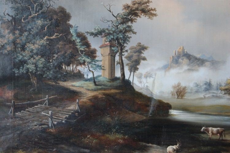 Huile Sur Toile Signée Représentant Paysage, Berger Et Troupeau Anglais Des Années 1817-photo-4