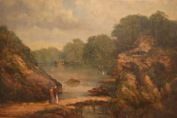  Huile Sur Toile Paysage Champêtre Avec Personnages Et Cours d'Eau Des Annes 1800-photo-2