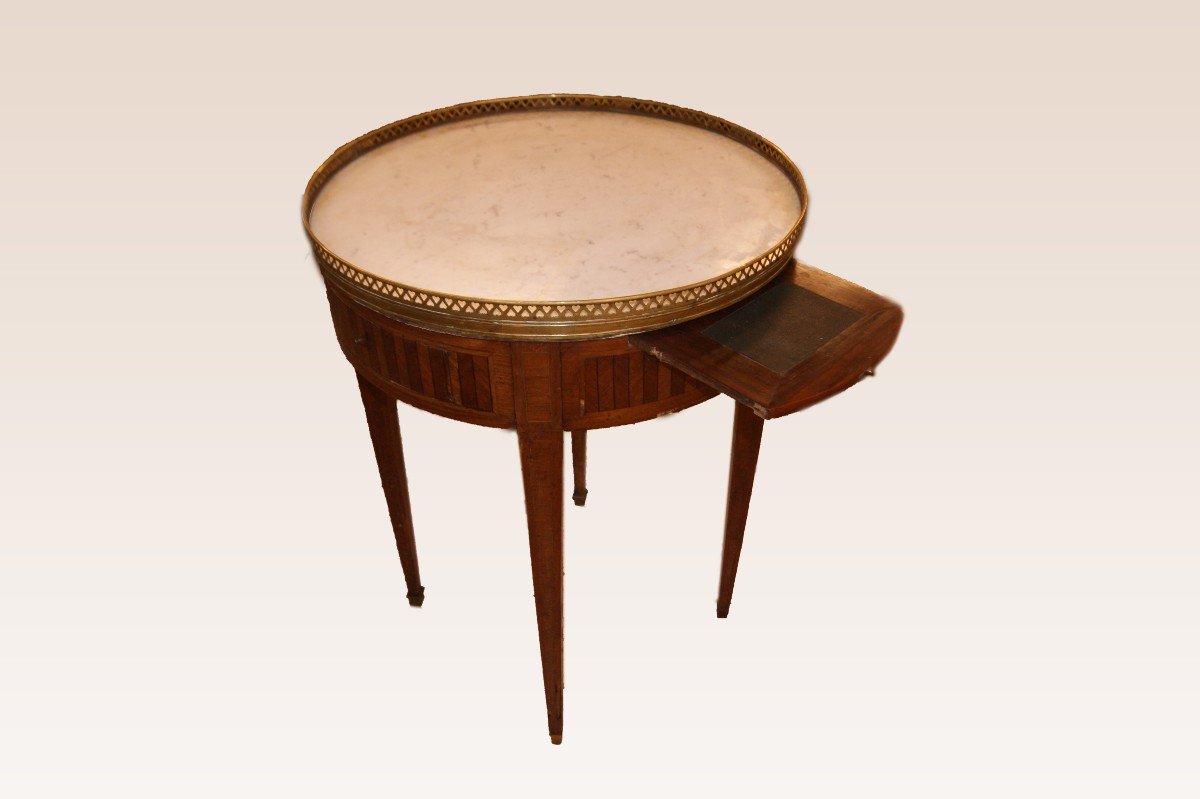 Table Circulaire Française De 1800 Marquetée Style Louis XVI Avec Plateau En Marbre écritoire-photo-3