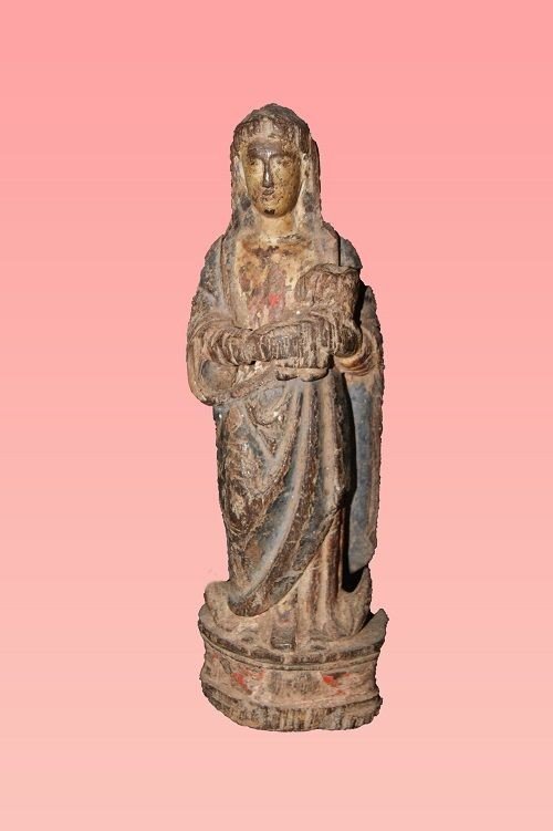 Sculpture Antique Vierge à l'Enfant En Bois Décoré Des Années 1600 Français-photo-2