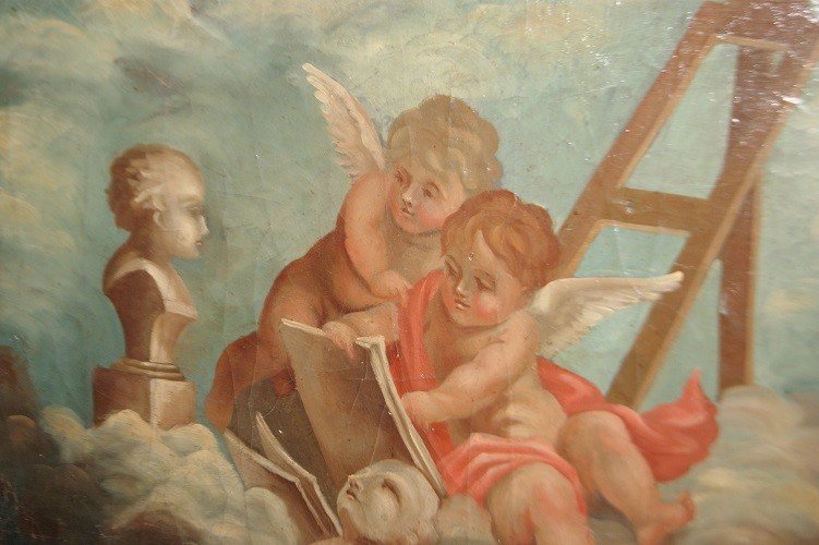 Olio su tela italiano del 1700 raffigurante "Angeli Cherubini"-photo-2