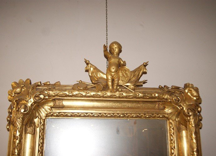 Stupenda specchiera francese dorata con putto-photo-2
