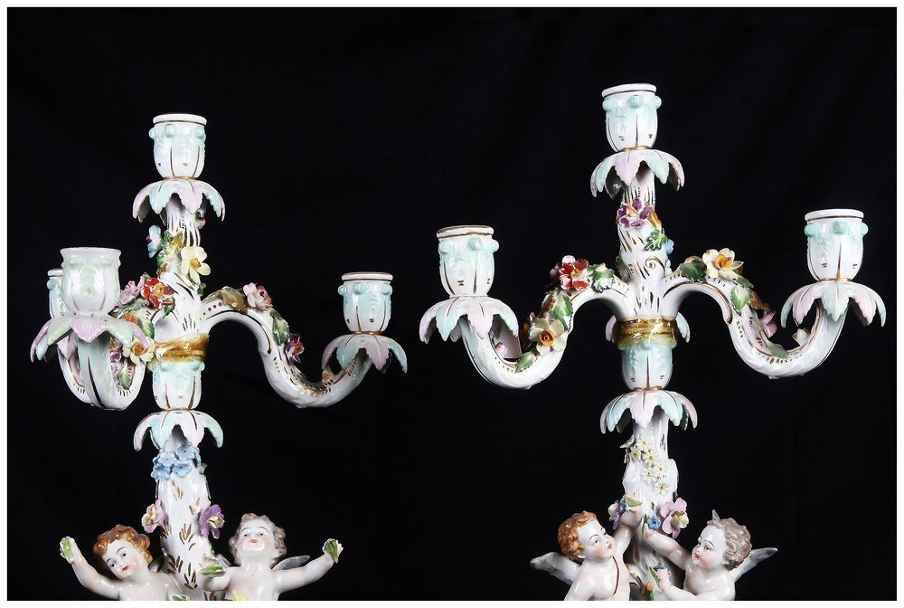 Coppia di candelabri in porcellana vienna a quattro fiamme-photo-2