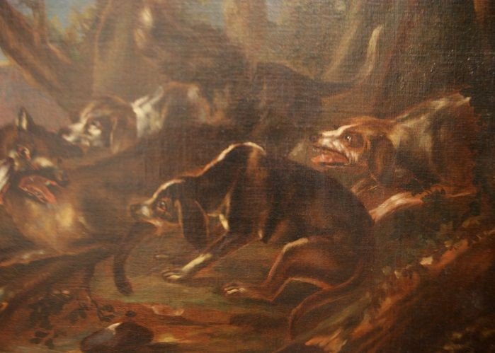 Coppia di oli su tela del 1600 "Scene di caccia"-photo-2
