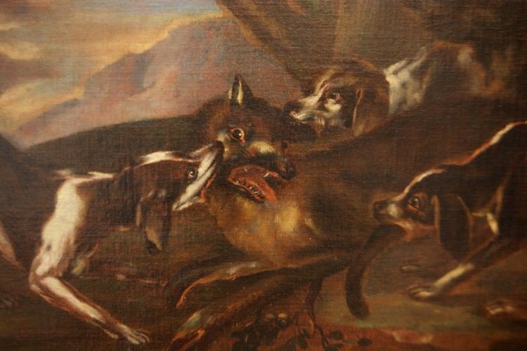 Coppia di oli su tela del 1600 "Scene di caccia"-photo-3