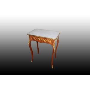 Stupendo tavolino francese del 1800 stile Luigi XV con marmo bronzi e intarsi