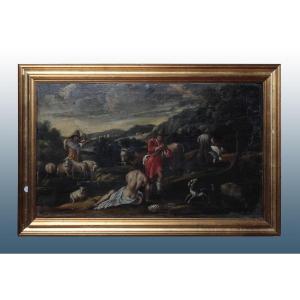 Olio su tela italiano del 1600 Paesaggio bucolico con animali e personaggi