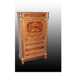 Secretaire francese stile Napoleone III del 1800 con ricchi intarsi e bronzi