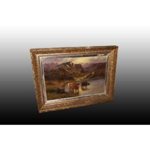 Olio su tela inglese del 1800 Paesaggio altopiani scozzesi con Buoi Highlander
