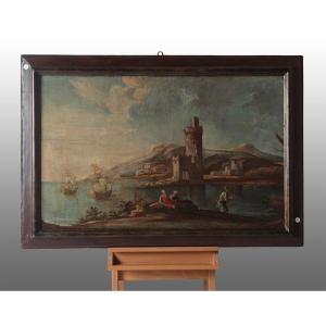 Olio su tela "Paesaggio Ligure" italiano del 1700
