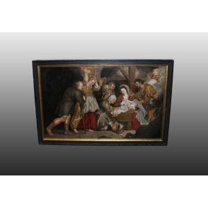 Olio su tela di inizio 1700 Raffigurante Adorazione del Bambin Gesù con Pastori e Donne Scuola 