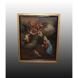 Olio su tela italiano di inizio 1700 raffigurante L'Annunciazione della Vergine Maria