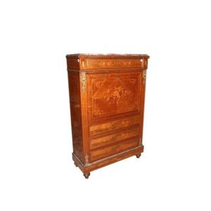 Secretaire francese stile Luigi XVI in legno di bois de rose del 1800 con marmo e intarsi