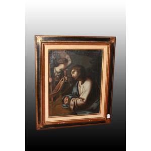 Olio su tela francese del 1600 Cristo Gesù con Angelo nel Getsemani