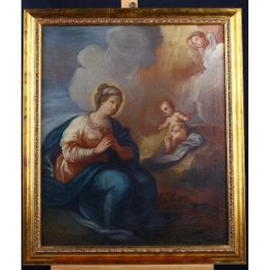 Olio su tela italiano raffigurante "Adorazione" Madonna con Gesù