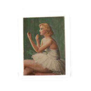 Piccolo olio su tela di inizio 1900 raffigurante ballerina in abito bianco