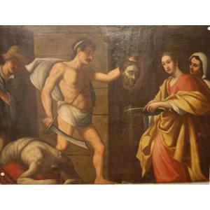 Olio su tela italiano del 1600, Salomè con la testa del battista. La storia: Il predicatore Gio