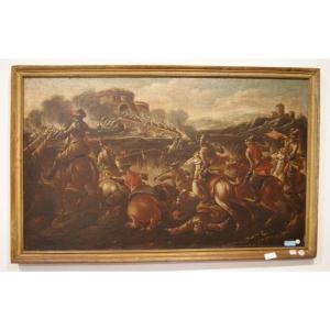 Coppia di oli su tela italiani della seconda metà 1600 raffiguranti Battaglia