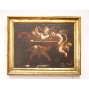 Antico olio su tela italiano del 1600 raffigurante 3 angeli cherubini che sospesi per aria, sor
