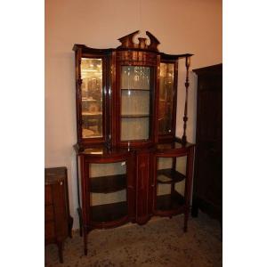 Cabinet Vetrina inglese del 1800 stile Vittoriano in legno di Mogano con intarsi