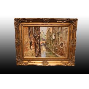 Olio su tela italiano XX secolo Raffigurante Veduta di Venezia Firmato