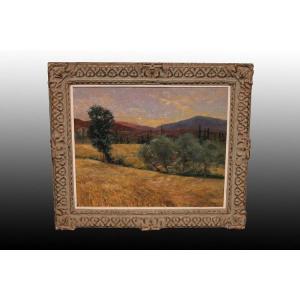 Olio su tela paesaggio campestre Firmato Agapito Casas Abarca (Barcellona, 1874-1964)