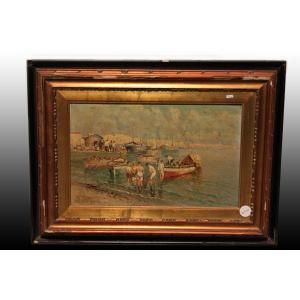 Olio su tavola italiano di fine 1800 raffigurante Porto con Barche e Pescatori