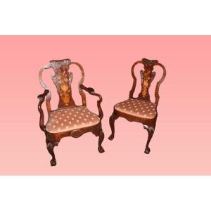 Gruppo di 4 sedie e 2 capotavola olandesi di fine 1800, stile Chippendale, in legno di mogano