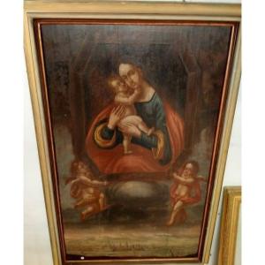 Olio su tavola Madonna con bambino e cherubini