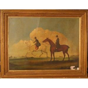 Olio su tela inglese della fine del 1800 raffigurante due fantini a cavallo