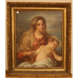 Pastello su cartone francese di metà 1800 raffigurante Maternità, Madonna con Bambino