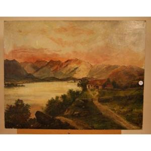 Olio su tela inglese di metà 1800 raffigurante paesaggio campestre al tramonto con abitazione 