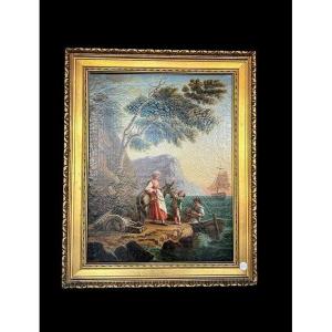 Olio su tela francese di inizio 1800 raffigurante Scena di Vita Familiare