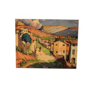 Olio su tela spagnolo di metà 1900 raffigurante veduta cittadina di un paesaggio