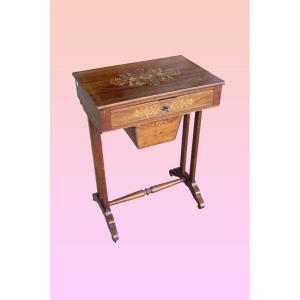 Tavolino da lavoro francese della prima metà del 1800, stile Carlo X, in legno di mogano