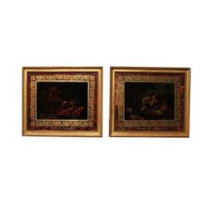 Coppia di piccoli dipinti sottovetro francesi di metà 1800 raffigurante "Morte di Clorinda 