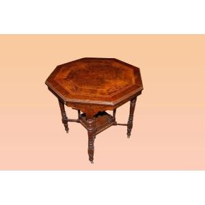Tavolino inglese della seconda metà 1800, stile Vittoriano, in legno di noce, radica di noce 