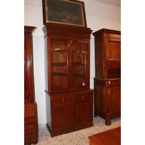 Credenza libreria italiana del 1800 in legno di abete tinto noce