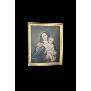 Olio su tela spagnolo di inizio 1800 raffigurante la Madonna Vergine Maria con in braccio 