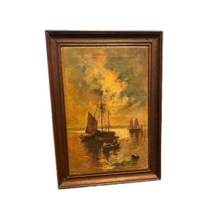 Olio su tela francese della seconda metà dell’800 – Marina notturna con veliero al chiaro di lu