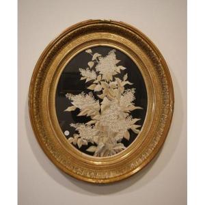 Quadro francese della seconda metà del 1800 con ricamato Sinforicarpo su fondo nero