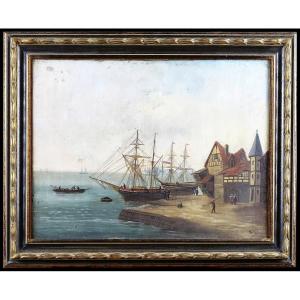 Olio su tela raffigurante una veduta marina con velieri. Il dipinto è firmato Mariot. Provenien