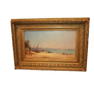 Olio su tela francese del XIX secolo Raffigurante Veduta Marina con Personaggi