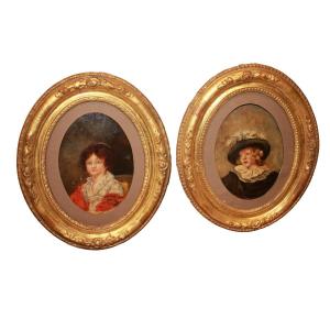 Coppia di oli su cartoncino raffigurante Ritratti XIX secolo